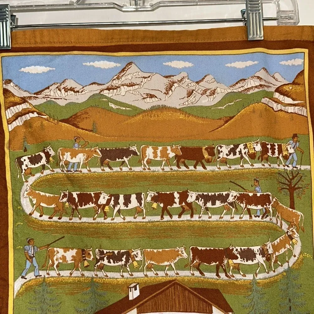 Vtg‎  1991 Calendar tea towel/European scene of cows being herded up mountain